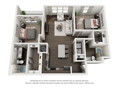 Floor plan for 2 beds, 2 baths, 1044 sqft